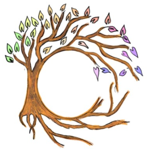 Create The Future logo: a curved tree in the shape of a C with pastel coloured leaves