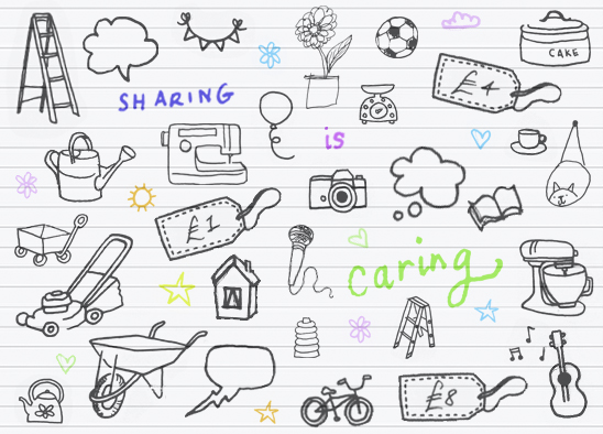 A white lined paper background on which are drawn many line drawing illustrations of various items that can be borrowed from the shed and the words "sharing is caring" in bright colours.